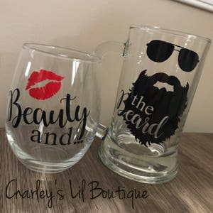 Beauty and the Beard Glasses Set, Couples Glasses, Couples Glass Set