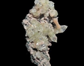 Sharply Terminated Green Apophyllite with Stilbite on Pink Chalcedony Matrix – Zeolite Mineral Specimen from Jalgaon # DKT122