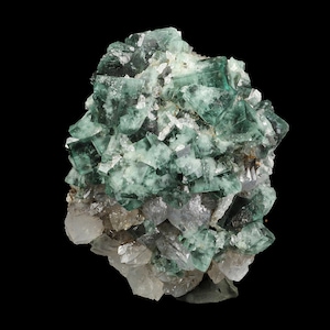 May include: A cluster of green fluorite crystals with a glassy luster. The crystals are intergrown with clear quartz crystals.