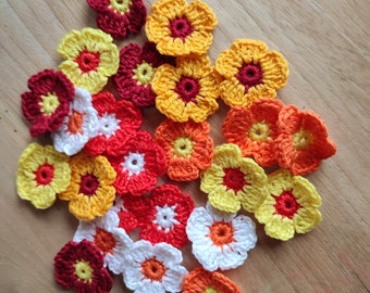 24 pieces crochet flowers – daisies in yellow - orange - red shades of cotton - 1.38 inches or 3.5 cm