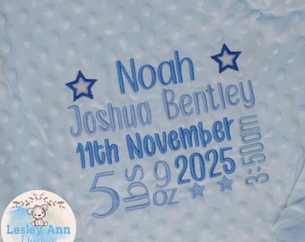 Personalised Baby Blanket with Name, embroidered newborn gift baby boy, new baby gift, custom gift for boy, birth announcement, blue dimple