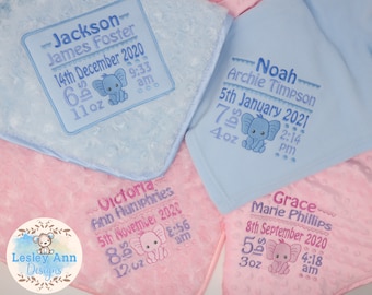 Personalised Embroidered Soft Baby Blanket Name, Date, Rose Fur, Dimple or Fleece new baby christening gift cute Elephant birth block design