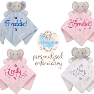 Personalised Embroidered Soft Baby Elephant comforter snuggle blankie with Name, new baby christening gift, newborn baby shower keepsake