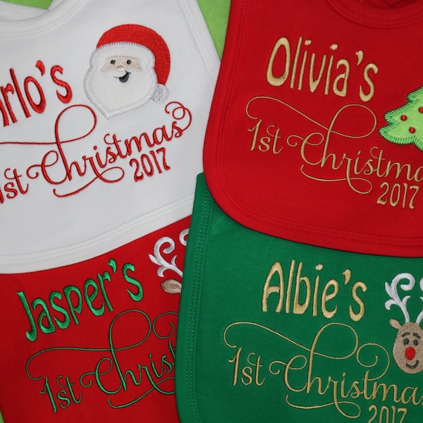 Personalised first 1st Christmas baby bib with Santa, Christmas tree or Rudolf reindeer beautiful script font choose colour any name 2023