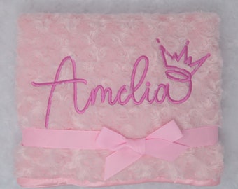 Personalised Baby girl Blanket with Name, embroidered newborn gift, new baby gift, custom gift for girl, Princess fluffy fur pink wrap