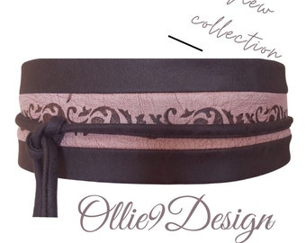 Cinturón Obi rosa y marrón polvoriento con detalles pintados a mano combinados con el collar, cinturón Obi, cinturón de envoltura ancha reversible cinturón de cuero