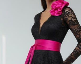 Pink Satin Belt Wedding Dress Sash Custom Size Formal Dress Sash Hot Pink Satin Belt Oversized Flower Evening Bridesmaid Wedding Dress Women