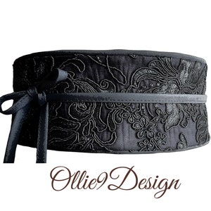 Black Lace and Leather  Belt, Obi Belt, Reversible wide wrap belt, 2 sided belt,  Women's belt, Lace belt, Black Wide Belt