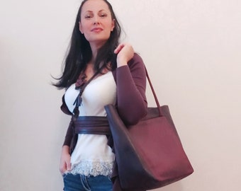 Burgundy large shoulder bag paired with Matching Belt and Necklace, Burgundy Leather Tote, Large Handbag, Canvas tote bag, Large Tote Bag