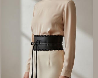 Black Leather Lace Wide Wrap Obi Belt Gothic Underbust Vegan Leather Steampunk Belt Tie Chinching Waist Custom Size Belt Fashion Accessory