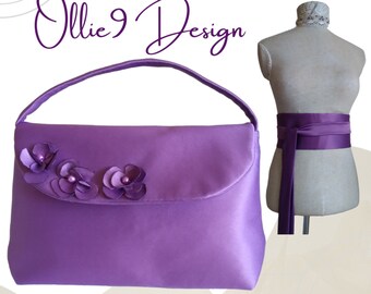 Kleine Satintasche mit Blumenmuster, violette Clutch, Tasche mit passendem Gürtel, elegante Damenhandtasche, einzigartige Tasche, Satintasche in allen Farben