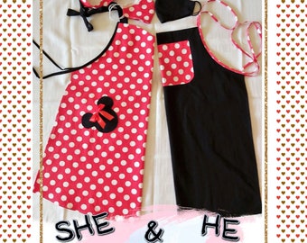 Aprons for Couples, Matching Aprons for She and He, Cute Aprons with polka dot design inspired by Mickey & Minnie Mouse, Valentine's Gift