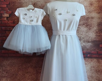 Mother Daughter Matching dresses, Bridesmaids dress, White dress with removable tulle skirt