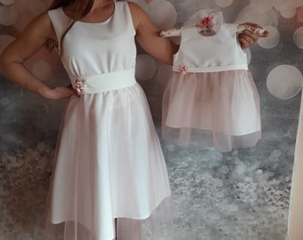 Mother Daughter Matching dresses, Bridesmaids dress, White dress with removable tulle skirt