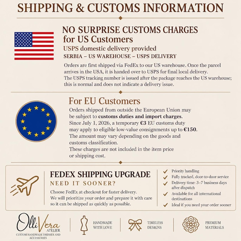 K&ouml;nnte beinhalten: Eine Informationsgrafik mit dem Titel SHIPPING & CUSTOMS INFORMATION. Sie enth&auml;lt die US-Flagge, die EU-Flagge und Text, der die Lieferprozesse f&uuml;r US- und EU-Kunden beschreibt, sowie einen FedEx-Versand-Upgrade-Bereich und das OlliVera Atelier-Logo.
