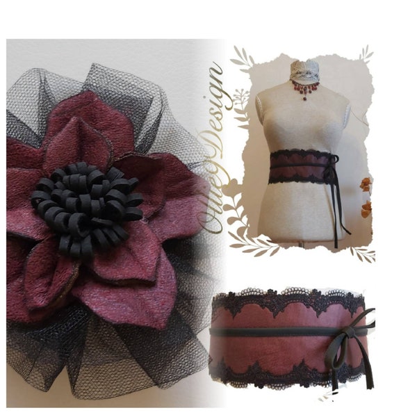 Bordeaux flower broche,Burgundy leather flower  broche, Leather broche, Burgundy flower broche, Broche paired with matching belt and bag