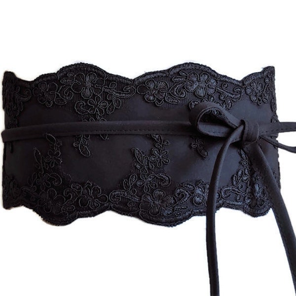 Ceinture Obi en dentelle, ceinture en dentelle et en cuir, ceinture noire large avec bordure en dentelle, ceinture en cuir noir, ceinture noire, ceinture cravate, ceinture gothique