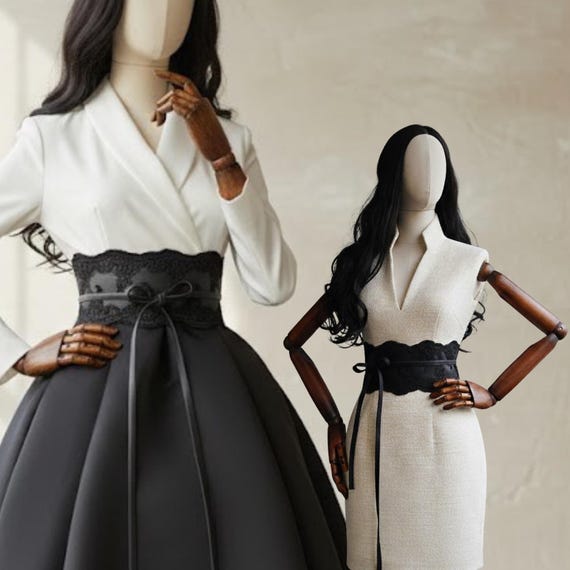 Lace and Leather Black Belt Wide Obi Belt Lace Border Black  display picture 2