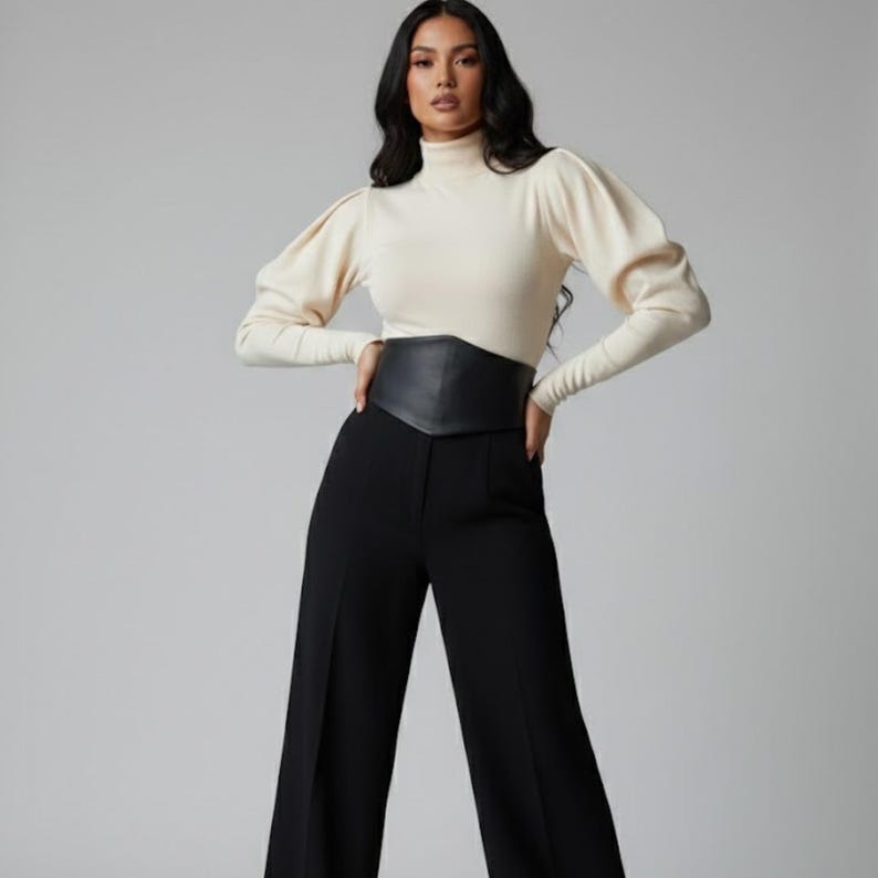 K&ouml;nnte beinhalten: Ein cremefarbenes Langarmshirt mit hohem Stehkragen und volumin&ouml;sen Puff&auml;rmeln, kombiniert mit einer schwarzen, hoch taillierten Hose mit weitem Bein und einem breiten, schwarzen Korsettg&uuml;rtel, der die Taille betont und die Silhouette strukturiert.