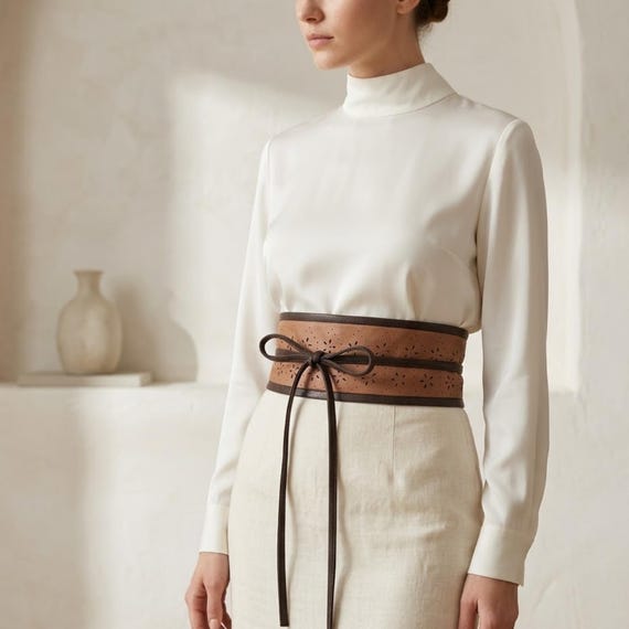 Camel Brown Reversible Wide Belt Two Sides Brown Sash Custom  display picture 2