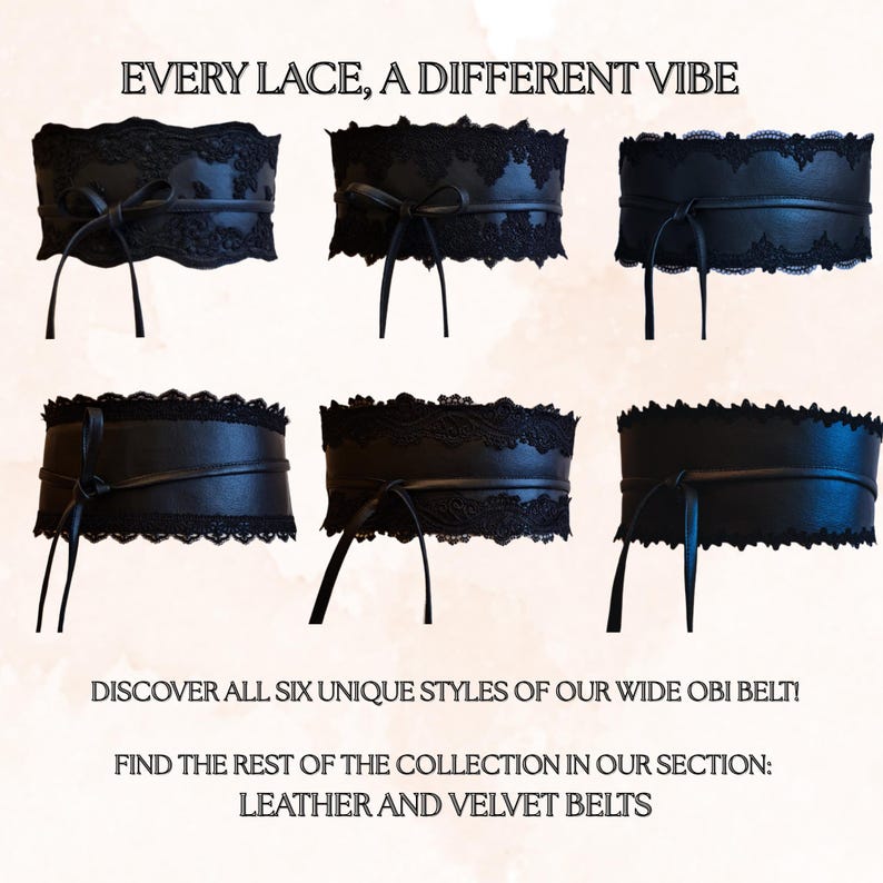 K&ouml;nnte beinhalten: Sechs breite schwarze Obi-G&uuml;rtel mit verschiedenen Spitzenbesatzmustern und d&uuml;nnen Bindeb&auml;ndern. Der Text lautet: EVERY LACE, A DIFFERENT VIBE. DISCOVER ALL SIX UNIQUE STYLES OF OUR WIDE OBI BELT! FIND THE REST OF THE COLLECTION IN OUR SECTION: LEATHER AND VELVET BELTS.