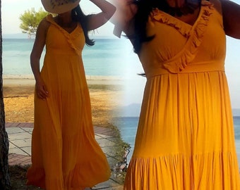 Yellow Maxi dress, Tie-Shoulder Romantic Summer Dress, Custom made dress, Cotton Summer Boho Dress , Bridesmaid Dress, All sizes Dress