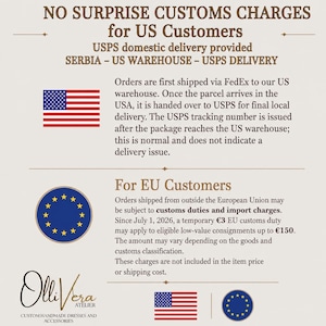 K&ouml;nnte beinhalten: Eine Informationsgrafik f&uuml;r OlliVera Atelier, die Versandrichtlinien erl&auml;utert. Sie enth&auml;lt Symbole der US-Flagge und der EU-Flagge sowie Text, der Zollgeb&uuml;hren f&uuml;r Kunden in den USA und der EU erkl&auml;rt, einschlie&szlig;lich Hinweisen zu USPS und FedEx.