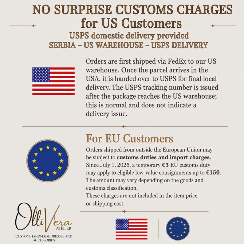K&ouml;nnte beinhalten: Eine Informationsgrafik f&uuml;r OlliVera Atelier, die Versandrichtlinien erl&auml;utert. Sie enth&auml;lt Symbole der US-Flagge und der EU-Flagge sowie Text, der Zollgeb&uuml;hren f&uuml;r Kunden in den USA und der EU erkl&auml;rt, einschlie&szlig;lich Hinweisen zu USPS und FedEx.