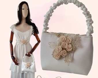 Wedding purse, Blush roses bridal clutch, Bespoke Lace Bridal Belt & Clutch Set, Wedding Set with 3d rose applique, Wedding Sash and Purse