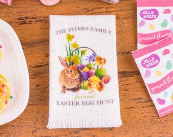 Made to Order Dollhouse Miniature Personalized Easter Egg Hunt Tea Towel - Easter Kitchen Towel - 1:12 Dollhouse Miniature Easter Towel