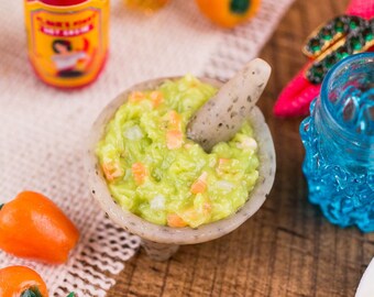 Dollhouse Miniature Guacamole in Molcajete - Cinco de Mayo - 1:12 Dollhouse Miniature Mexican Food