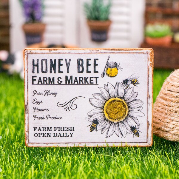 Made to Order Dollhouse Miniature Honey Bee Farm & Market Sign - Decoratief Lenteteken - 1:12 Dollhouse Miniatuur Tuinbord