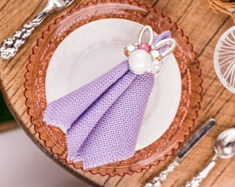 Dollhouse Miniature Silver Bunny Napkin Rings and Lavender Cloth Napkins – Set of 4 - 1:12 Dollhouse Miniature Easter Napkins