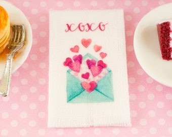 Made to Order Dollhouse Miniature XOXO Tea Towel - Valentine's Day Kitchen Towel - 1:12 Dollhouse Miniature Valentine's Day Towel