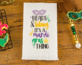 Made to Order Dollhouse Miniature Beads & Bling Mardi Gras Tea Towel - Mardi Gras Kitchen Towel - 1:12 Dollhouse Miniature Mardi Gras Towel