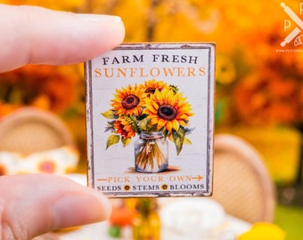 Dollhouse Miniature Farm Fresh Sunflowers Sign - Decorative Fall Sign - 1:12 Dollhouse Miniature Autumn Sign