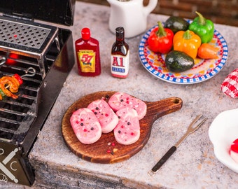Dollhouse Miniature Raw Pork on Cutting Board - 1:12 Dollhouse Miniature Pork Chops - Miniature Grilling