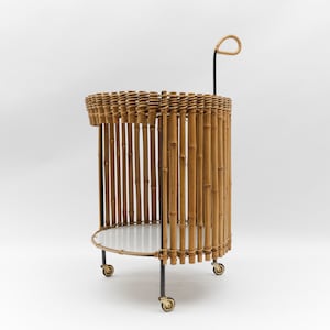 Stunning Mid-Century Modern Round Serving Cart in Bamboo and Metal, 1950s