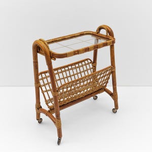 Italian Riviera Bamboo and Rattan Bar Cart Serving Trolley, 1950s