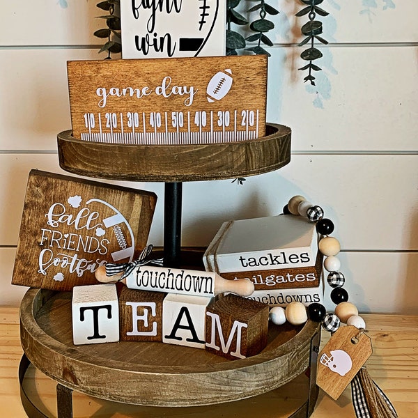 Football tiered tray set///tiered tray bundle//bundle set//neutral football decor//football decor//fall football decor//farmhouse decor/fall