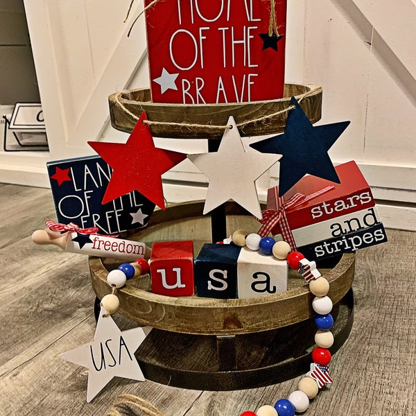 Usa patriotic tiered tray decor set/4th of July decor/farmhouse decor/patriotic decor/Rae Dunn/summer decor