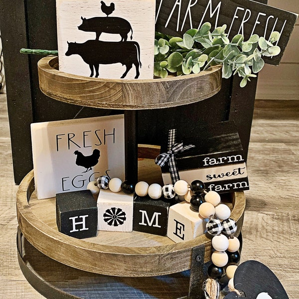 Black and white farmhouse tiered tray decor set//Farmhouse decor// Rae Dunn inspired//bundle decor set