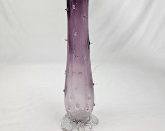 Antique Victorian Amethyst Thorn Vase Uranium Glass Base Bohemian Czech Loetz