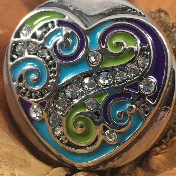 Turquoise & Purple Heart decorated with Rhinestones in Silver 18MM Snap Button <<fits 20MM Snap Jewelry, Sold Separately>>