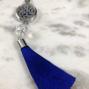 25mm Blue Filagree Essential Oil | Aromatherapy Car Rear View Pendant, Crystal Bead + Blue Tassel &lt;&lt;Requires 20MM Snap Base Jewelry&gt;&gt;