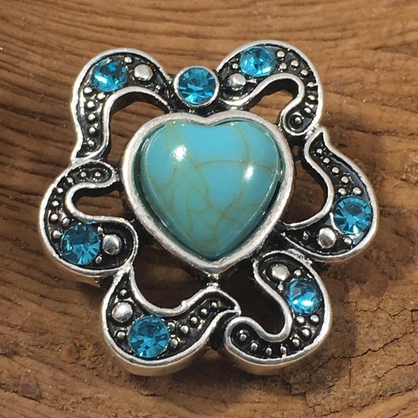 Turquoise Heart & Turquoise Rhinestone in Silver 18MM Snap Button <<fits 20MM Snap Jewelry, Sold Separately>>