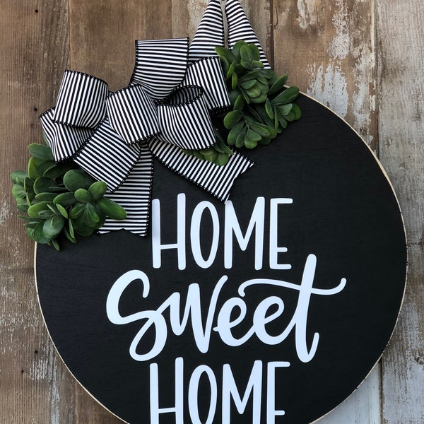 Home Sweet Home Door Hanger, Front Door Decor, Wood Door Sign, Round Door Hanger