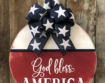 Patriotic Door Hanger, July 4th Door Hanger, God Bless America, Front Door Decor, Round Door Hanger