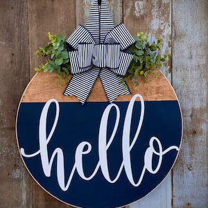 Hello Door Wreath, Front Door Decor, Navy Door Hanger, Hello Door Hanger, Wreath For Front Door, Wood Door Sign, Round Door Hanger,