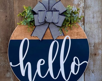 Hello Door Wreath, Front Door Decor, Navy Door Hanger, Hello Door Hanger, Wreath For Front Door, Wood Door Sign, Round Door Hanger,